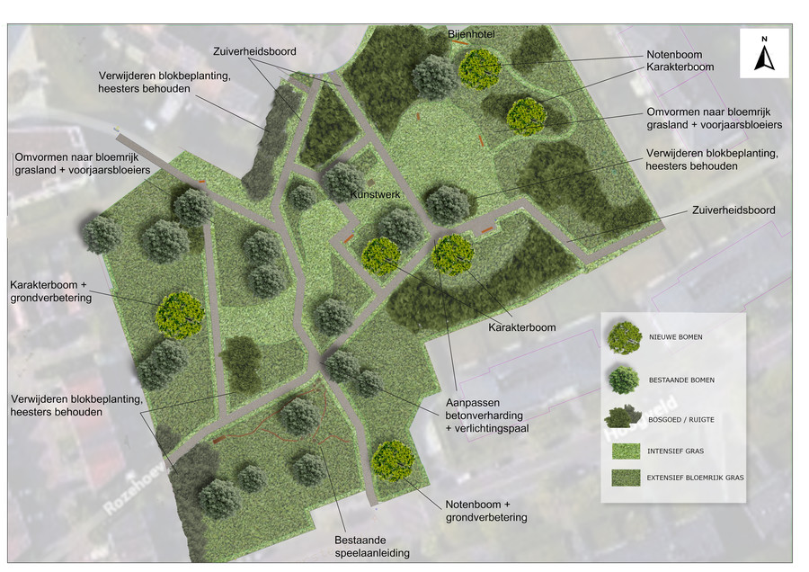 Plan van de aanpassingen van de beplanting in De Veldekens